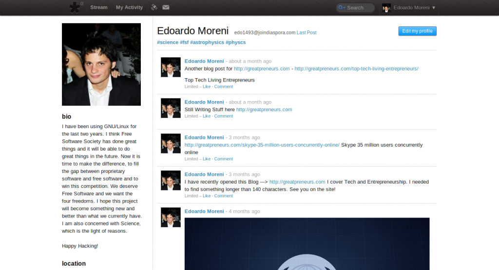 Diaspora Profile Screenshot 1024x556 [QUORA] Why does Diaspora look exactly like Google+?